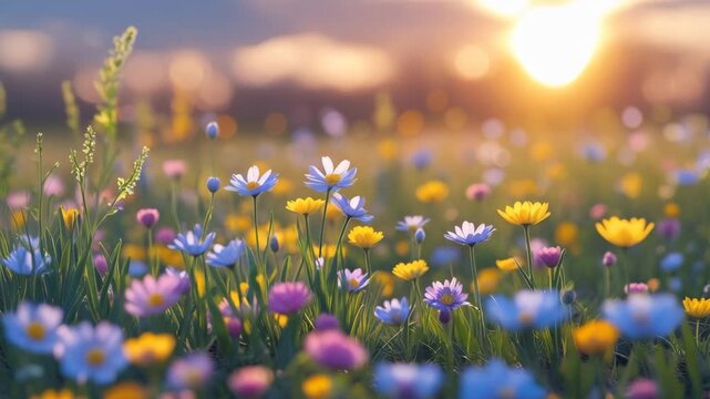 field of flowers with sunlight