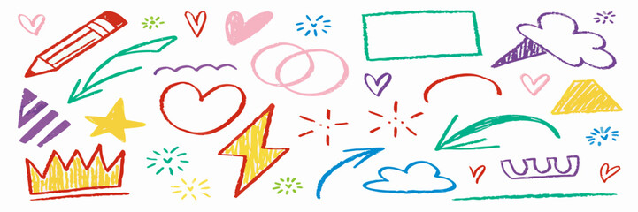 Colorful Hand-Drawn Doodle Elements: Arrows, Hearts, & More