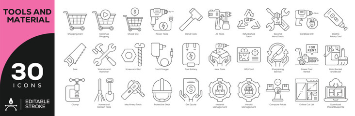 Tools & Materials Icon Set - 30 Editable Stroke Vector Icons for DIY, Construction and Workshop (Power Tools, Hand Tools, Batteries, Checklists)