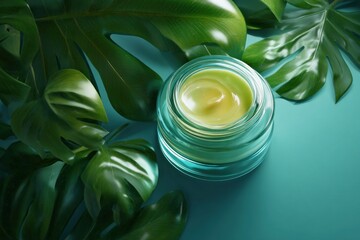 Moisturizing cream in glass jar with tropical leaves on blue background