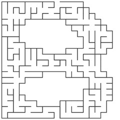 A 20x20 alphabet B letter-shaped educational maze with square cells, no solution, learning activity for kids