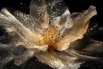 Botanical elegance – macro image of a golden flower with crystal water beads