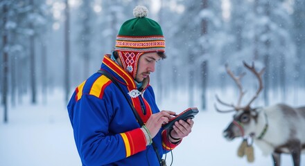 Person in bright traditional attire with green hat using phone outdoors in winter forest, reindeer blurred behind. Culture, tradition, winter festival, and technology service for events and holiday
