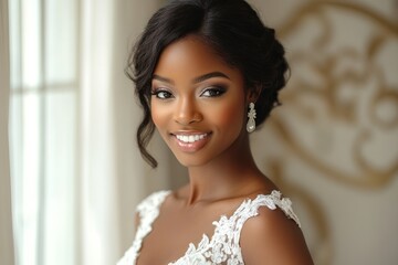 Elegant African American Bride Laughing in White Dress on Her Wedding Day