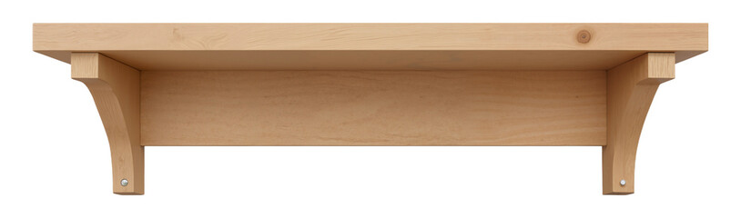 Wooden Wall Shelf with Decorative Brackets – Empty Oak Display Shelf on Transparent Background for Home Decor, Interior Design, and Product Mockups
