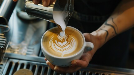 Craft of Cream: Stunning Picture of Professional Barista Making Cappuccino Latte Art – Steaming Milk Poured to Form Swirls, Hearts, and Feathers, Rich Espresso Base Glistening, Barista’s Skilled Hand 