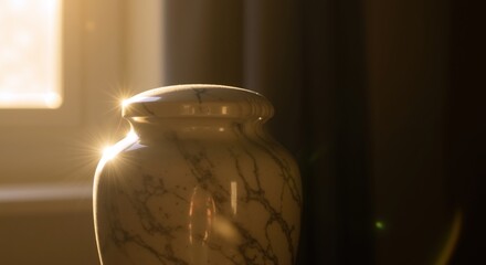 Ceramic urn with marble texture on windowsill in sunbeam. Remembrance, loss, grief, memory and spiritual video for urn products, memorial services, funerals, pet loss and holiday commemorations