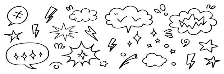Hand-Drawn Cartoon Elements: Speech Bubbles, Stars, and Lightning Bolts
