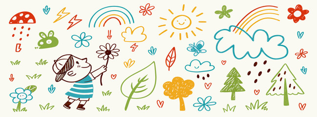 Happy Child Drawing Nature Scene: Sun, Rainbows, Flowers, Trees