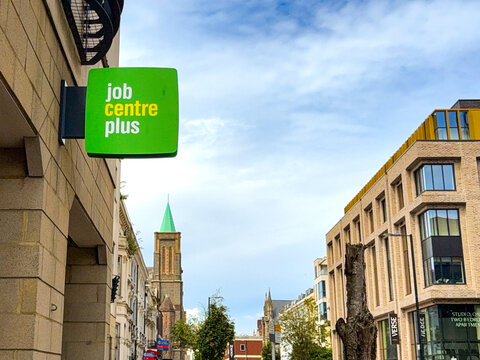 Cardiff, Wales, UK - 16 July 2025: Sign outside the Job Centre Plus in Cardiff city centre