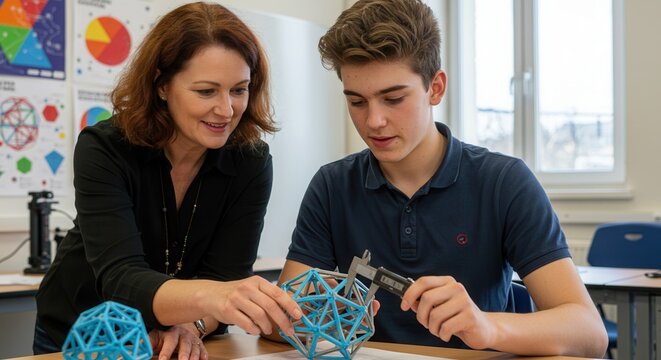 Teacher and student building robotics project in bright modern classroom