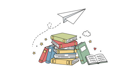 Stack of colorful books with paper airplane flying above them  
