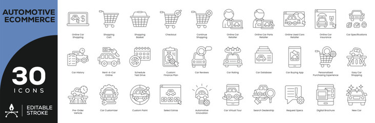 Automotive E-commerce Icon Set &ndash; 30 Editable Stroke Vector Icons for Online Car Sales, Custom Builds & Virtual Showrooms (EV Configurator, Car Specs, Test Drive, Financing)