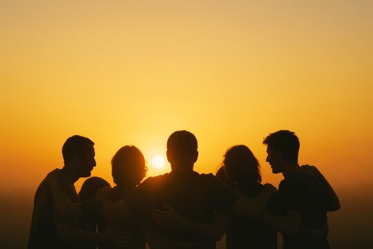 Silhouettes of six friends with arms around each other at sunset, natural style, warm orange sky background, concept of unity and friendship