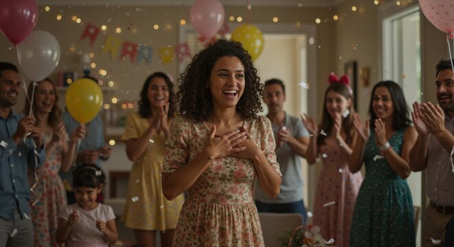 Group of people at festive indoor party with balloons and confetti, emotions of celebration and gratitude in decorated room. Event, birthday, family gathering, party product sale, holiday promo