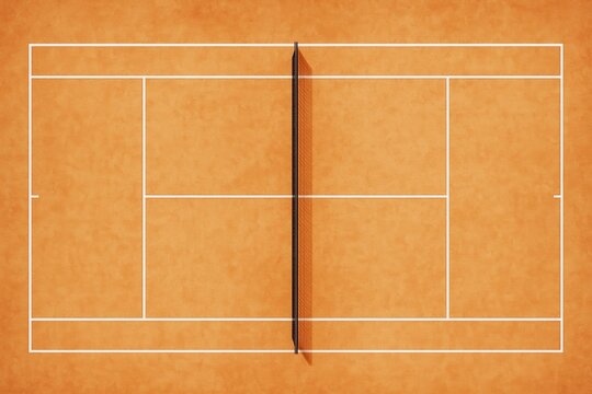 Aerial view of a clay tennis court with central net, sharp white lines, and orange background. Concept of sports, competition, and recreation