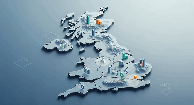 Stylized 3D isometric map of the UK showing a network of data points and business centers, representing the national economy and technology.