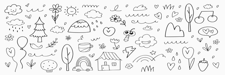 Hand-Drawn Doodle Set: Nature, House, and Cute Elements