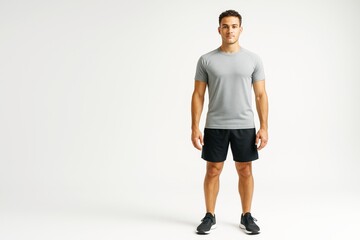 Fit young man wearing gray t-shirt and black shorts, standing confidently in a studio setting with a clean white background, fitness concept
