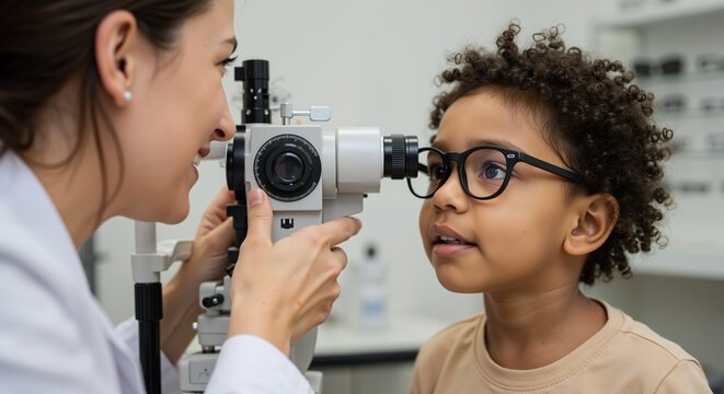 Child sitting in ophthalmologist's office undergoing eye exam with modern equipment. Vision health, eyesight check, pediatric care, eye clinic services, medical technology and family healthcare