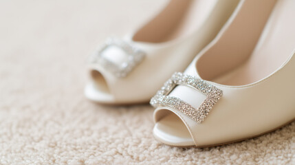 Elegant cream bridal shoes with crystal buckles resting on beige carpet, detailed textures and soft natural light for a luxurious wedding aesthetic.