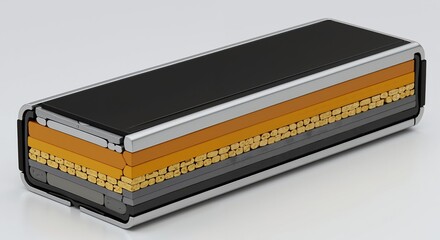 Sectional view of advanced battery cell with layered components and compact structure. Technology, energy storage, innovation, electric vehicles, renewable energy product, eco power sale, copy space