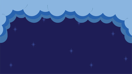 A cartoon-style night scene, showing cloud shapes with sparkling stars against the backdrop of the night sky. 