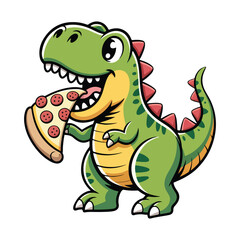 Obraz premium Friendly Green Dinosaur Eating Pizza Slice, Cartoon Illustration