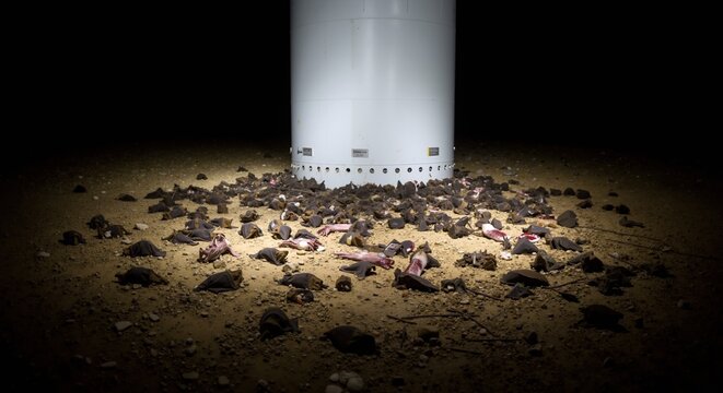 Dead bats lying around base of large white wind turbine at night on dry ground. Wildlife hazard, renewable energy impact, animal protection, environmental issues, eco education, energy sale
