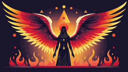 Powerful dark angel with flaming wings in a dramatic setting against an orange and black background