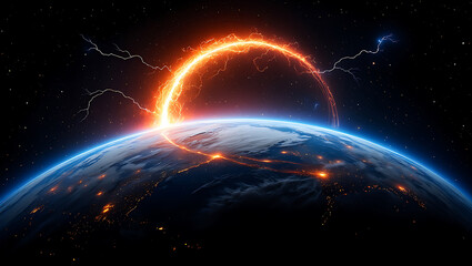 Naklejka premium Global catastrophe Earth cosmic event dramatic space view city lights and destruction elements with dramatic visual effects