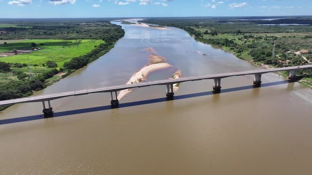 Parnaiba River Bridge In Parnaiba Piaui Brazil. Breathtaking Aerial View Of Busy Traffic In A Freeway Road. Piaui Skyline Nature Forest Background Hydrography Bay. Piaui Skyline Green.