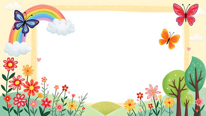 Obraz premium Whimsical cartoon nature frame with a vibrant spring landscape, colorful flowers, butterflies, and a beautiful rainbow. Cheerful illustration border.