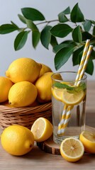 Refreshing lemon water with mint and straw on wooden table in minimalist setting, perfect for hydration and relaxation at home