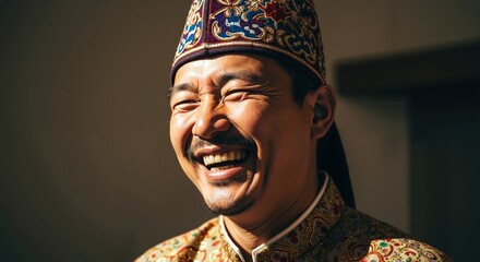 Obraz premium Person wearing ornate, embroidered robe and patterned hat stands inside, symbolizing tradition and culture. National identity, heritage, festival, history, ceremonial product, cultural campaign, event