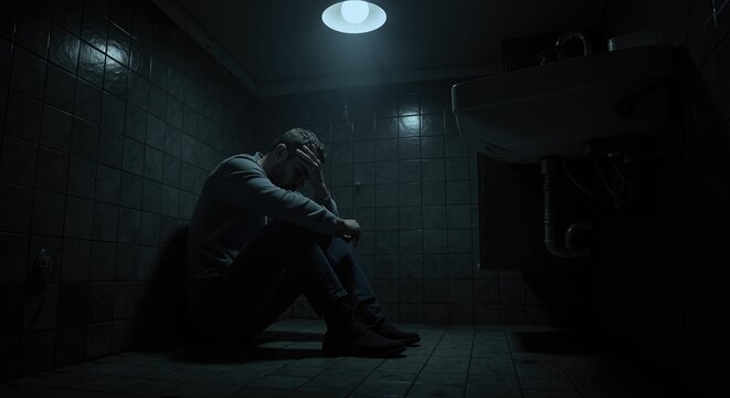 Man sits alone in dark tiled bathroom, head in hand under ceiling light. Mental health, depression, crisis, support services, emotional wellness, counseling, problem campaigns, awareness, copy space