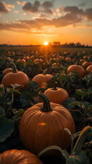 Pumpkin patch field with orange pumpkins at sunset during autumn harvest
