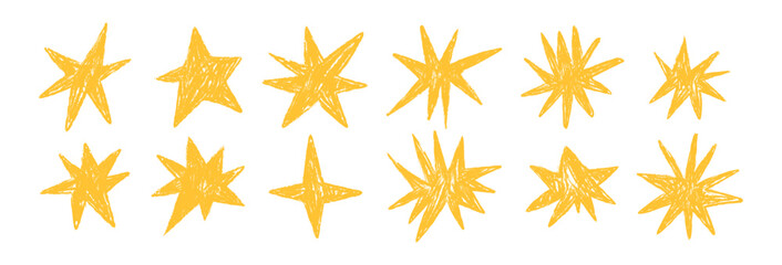 Funky crayon star collection. Hand-drawn yellow stars in playful kids' style. Fun cosmic illustrations with a childish touch. Perfect for children's designs and space-themed projects.