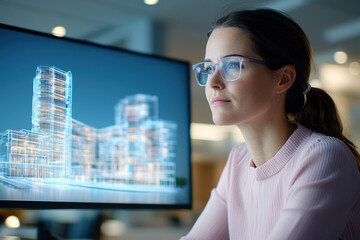 Focused student engages with architectural design on computer screen, showcasing modern building model in bright workspace