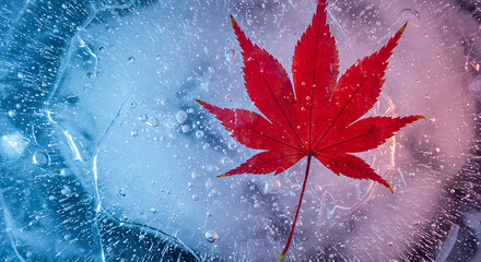 Vibrant Red Maple Leaf Trapped in Ice.
