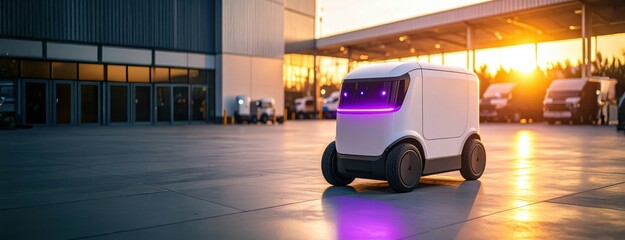 A futuristic delivery robot on wheels lit with neon lights near a warehouse at sunset showcases automation, logistics, and innovation