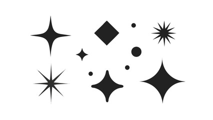 Set of black sparkle and starburst icons in various styles, flat vector design on white background, minimalist aesthetic