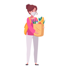 Woman with face mask holding groceries, character vectors illustration