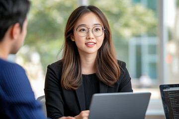 Professional woman with glasses engages in discussion during collaborative coding bootcamp, showcasing teamwork and innovation