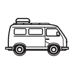 Minimalist black and white vector illustration of a retro style camper van with a roof rack, isolated on a white background, representing travel and adventure.