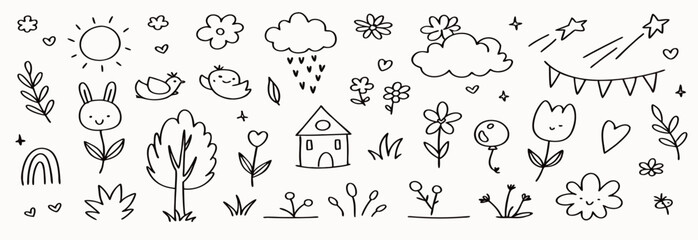 Cute Hand Drawn Nature Elements: House, Flowers, Animals