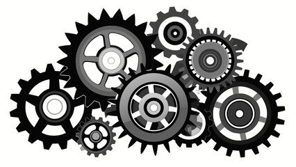 Black industrial metal gears arranged in overlapping composition, isolated on white background, high detail, mechanical parts