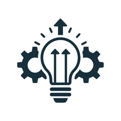 Dark blue gear and light bulb with upward arrows icon on white background idea lightbulb