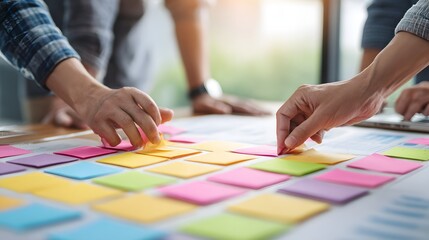 Fototapeta premium Collaborative brainstorming session using colorful sticky notes.
