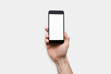Hand holding a modern black smartphone with a blank white screen, isolated for mockup purposes.